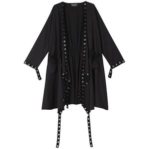 Koreaanse Vrouw Solid Black Unieke Cape Stijl Jas Open Big Size Lange Tape Metalen Gaten Dames Losse Jas mantel 3843