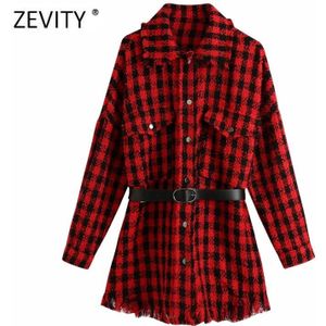 Zevity Vrouwen Vintage Plaid Print Sjerpen Tweed Wollen Shirt Jas Femme Lange Mouwen Pocket Zoom Kwastje Chic Jacket Tops CT592