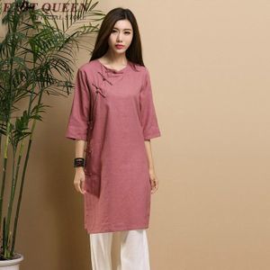 Retro stijl mandarijn kraag blouses qipao oosterse jurk Chinese stijl lange shirt casual vrouw linnen kleding AA2819 YQ