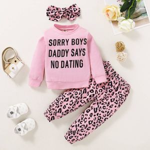 3 Stuks Kinderen Lente Outfits 18-24 Maanden Meisje Kleding Roze Daddy Zegt Geen Dating Top + Luipaard broek Met Hoofdband Sets