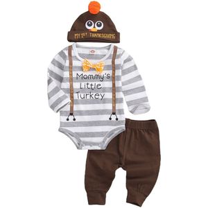 Focusnorm Thanksgiving Day Pasgeboren Baby Jongens Meisjes Kleding Sets Turkije Gestreepte Lange Mouw Romper Broek Hoeden