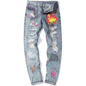 Skinny Jeans Mannen Streetwear Vernietigd Ripped Jeans Homme Hip Hop Gebroken Graffiti Print Potlood Biker Denim Broek Gat GM478
