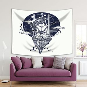 Tapestry Meisje Op Swing Vliegt Naar Sky Sterren Maanfasen Dream Love Verbeelding Adventure Kunstwerk Navy Wit