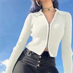 Nclagen Vrouwen Lente Herfst Zwarte Geribbelde Rits Truien Crop Tops Vest Lange Mouwen Turn Down Kraag Mujer Jas Jumpers