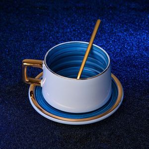 Europese Blauwe Thee Kopjes Schotel Sets Porselein Coffee Cup Keramische Thuis Melk Cups Goud Handvat Taza Cafe Zomer Cup AC50CK