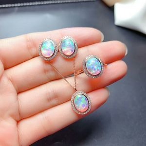 Meibapj Natuurlijke Opaal Edelsteen Ellips Oorbellen Ring En Ketting 3 Stuk Siut Voor Vrouwen Echt 925 Sterling Zilveren Fijne Sieraden set