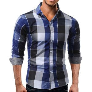 Mode Mannen Slim Fit Lange Mouw Katoenen Shirt Plaid Casual Button Down Top Shirts