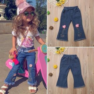 Kid Meisje Boot Cut Broek Bloem Jean Baby Meisjes 3D Bloem Elastische Taille Bule Denim Jean Lange Broek Lente herfst Kinderen Broek