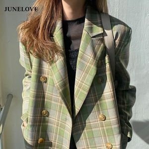 Junelove Vrouwen Lente Double Breasted Blazer Jasje Vintage Losse Vrouwelijke Zakken Blazers Casual Straat Lady Chic Koreaanse Outwears