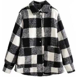 Vintage Vrouwen Elegante Plaid Jassen Winter Mode Dames Patchwork Jassen Vrouwelijke Dikke Wollen Jas Meisjes Oversize Outfit