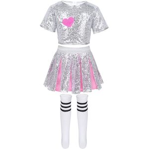 Kids Cheerleader Dancewear Glanzende Pailletten Crop Tops Met Rok Sokken Outfit Meisjes Stage Performance Hip Hop Jazz Dance Kostuum
