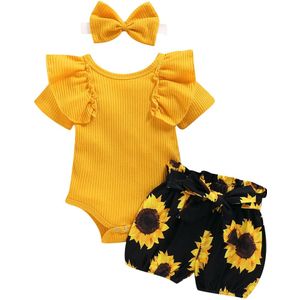 Focusnorm 0-24M Kids Meisjes Kleding Sets 3Pcs Ruches Korte Mouwen Romper Bloemen Shorts Hoofdband