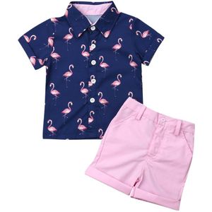 Kids Baby Boy Formele Pak Flamingo Shirt Korte Mouw Tops Roze Solid Korte Broek Zomer Outfits Kleding Set