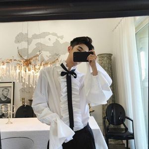 40% Katoenen Shirt Retro Ruffleshirt Mannen White Wedding Shirt Mannen Flare Mouw Vorm Royal Gothic Shirt Mannen Chemise Homme