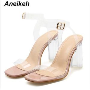 Aneikeh Zoete PVC Sandalen Vrouwen Vierkante Hoge Hakken Transparant Zomer Schoenen Vierkante Neus Gesp Abrikoos Jurk Maat 35 -42