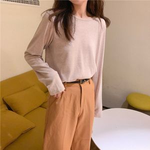 Vrouwen Winter Lente T-shirt Effen Dieptepunt Basic Modieuze Oversize Wild Tops Soft Lange Mouwen Soft Toevallige Zwarte