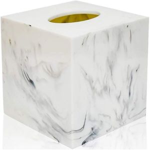 Vierkante Tissue Box Cover, Facial Servet Houder Voor Badkamer Woonkamer Kantoor, marmer-Imitatie Gemaakt Van Hars (Wit)