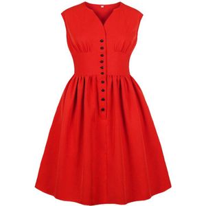 Tonval Plus Size Vrouwen Midi Jurken Mouwloze Single Breasted Vintage Rode Hoge Taille Elegante Geplooide Jurk