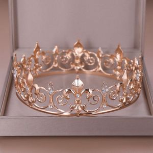 AiliBride Goud Ronde Kroon Koning Koningin Bruiloft Tiara Bruid Hoofddeksel Mannen Party Crystal Haar Sieraden Bruiloft Haar Accessoires