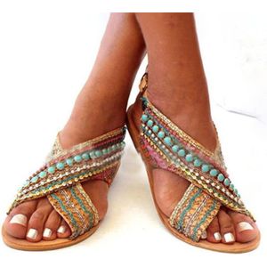 Vrouwen Sandalen Zomer Schoenen Boho Bead Peep-Toe Sandalen Slip-On Platte Sandalen Vrouwelijke Sandalias