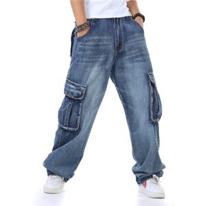 Japan Stijl Mens Straight Denim Cargo Broek Biker Jeans Mannen Baggy Losse Jeans Met Zijzakken Plus maat 40 46