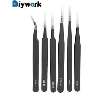 DIYWORK 6 stks/set Anti Statische Pincet Set voor Horloge Sieraden Mobiele Telefoon Elektronica Precisie Industriële Reparatie Pincet