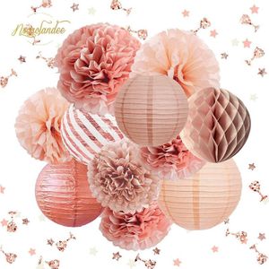 Nicrolandee 12 Stuks Rose Gold Tissue Pom Poms Papier Lantaarn Party Decoraties Voor Wedding Bridal Shower Baby Shower Bachelorette