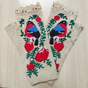 Mode Vrouwen Herfst Gebreide Handgemaakte Borduren Handschoenen Geborduurde Vogel Bloemen Mid Lange Half Vinger Warme Wollen Winter Handschoenen