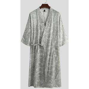Mannen Vintage Gedrukt Gewaden Half Mouw V-hals Lace Up Nachthemden Casual Kimono Nachtkleding Man Zachte Homewear Badjassen Plus Size
