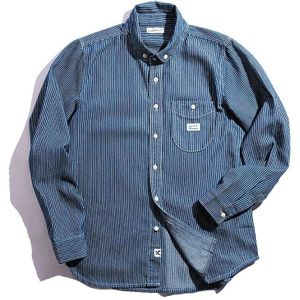 Maden Mannen Casual Herfst Gestreepte Shirt Retro Lange Mouwen Blauw Gestreept Overhemd Knop Met Borst Pocket Shirt mannen