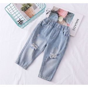 Unisex Jeans Koreaanse Casual Ripped Broek Voor Meisjes Pasgeboren Baby Boy Lente Herfst Broek Elastische Taille Kids Denim Broek