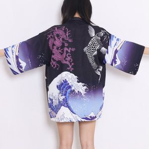 Vis Wave Print Japanse Kimono Met Riem Streetwear Vest Haori Harajuku Gewaad Japanse Kleding Yukata Mannen Vrouwen Jas Tops