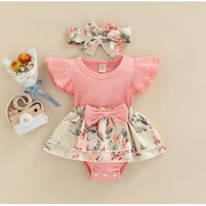 Citgeett Zomer Baby Baby Meisjes Bodysuit Hoofdband Bloem Print Fly Mouwen Bodysuit + Haarband Kleding 0-18Months