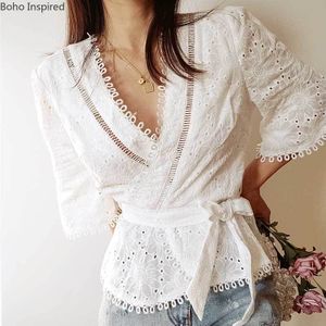 Boho Geïnspireerd Wit Katoen Blouse Shirt Borduren Ywomen Tops V-hals Korte Mouw Boog Gebonden Chic Zomer Blouse Top Vrouwen Blouses