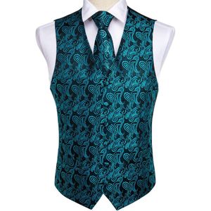 DiBanGu mannen Teal Green Paisley Vest Vest Pocket Vierkante Stropdas Manchetknopen Hanky Pak Voor Mannen Bruiloft Business MJ-107