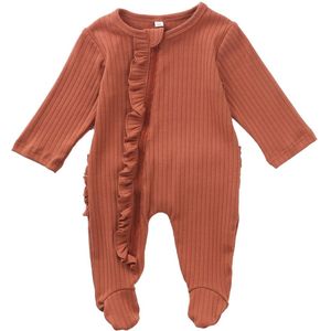 Pasgeboren Baby Een Stuk Footed Pyjama Baby Effen Kleur Lange Mouwen Ruffle Nachtkleding Nachtkleding 0-6M