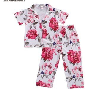 Focusnorm 1-5Y Kids Meisjes Nachtkleding Pyjama Sets Bloemen Print Korte Mouw Single Breasted Tops Lange Broek