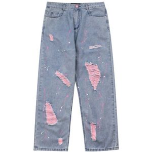 Mannen Hip Hop Streetwear Denim Broek Splashed Inkt Gebroken Gat Denim Broek Punk Harajuku Katoenen Broek Geel Roze jeans
