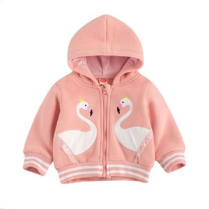 Pasgeboren Kinderen Baby Meisje Effen Kleur Jas Ronde Kraag Lange Mouwen Rits Streep Kant Zoom Jas Herfst Swan Printing hoodie