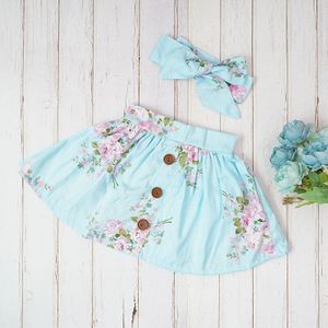 Baby Meisjes Rokken Zomer Katoen Bloemen Knop Knielengte Tutu Blauw Roze Bloemenprint Skrit Matched Hoofdband Setjupe Rokken