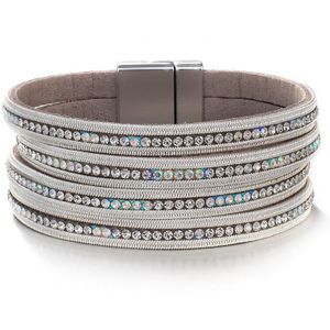 Amorcome Multilayers Rhinestone Lederen Armband Voor Vrouwen Crystal Charm Wide Wrap Armbanden & Bangles Sieraden