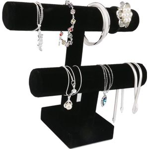 Zwarte Kleur Fluwelen 2-Tiers T-Bar Display Standaard Sieraden Houder Accessoires Rack Voor Bangle Armband Horloge Sieraden houder Display