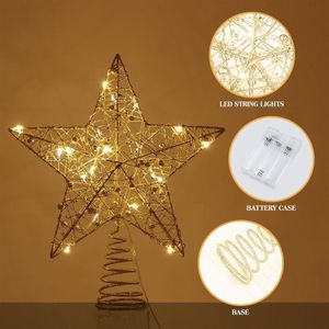 25X30Cm Kerstboom Ijzeren Topper Star Glitter Boomtop Ster Met String Lights Christmas Party Decoratie Xmas Decor (Gouden)