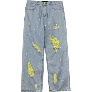 Mannen Hip Hop Streetwear Denim Broek Splashed Inkt Gebroken Gat Denim Broek Punk Harajuku Katoenen Broek Geel Roze jeans