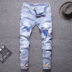Streetwear Mannen Jeans Licht Blauwe Verf Gedrukt Jeans Mannen Potlood Broek Slim Fit Hip Hop Jeans Elastische Broek