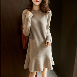 Vrouwen Trui Jurk Herfst Winter Lange Mouwen Ronde Hals Effen Kleur Ruches Zoom Gebreide Jurk Casual Vestidos Gewaden Koreaanse