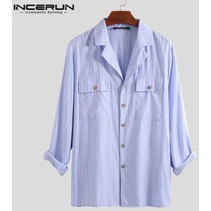 Incerun Gestreepte Mannen Casual Shirts Vintage Lange Mouwen Pockets Turn-Down Kraag Blouse Streetwear Brand Shirt Mannen S-5XL