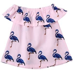Leuke Pasgeboren Kids Baby Meisjes Flamingo Print Top Off Shoulder Zomer Outfits Casual Katoenen Kleding Roze