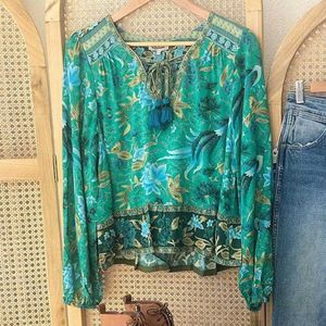 Boho Geïnspireerd Vintage Bloemenprint Paars Lange Mouw Blouse Vrouwen V-hals Tassle Gebonden Boho Blouse Shirt Vrouwen Blouses Blusas