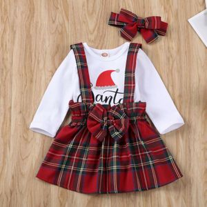 Mijn Eerste Kerst Kleding Set Pasgeboren Baby Meisje Brief Afdrukken T-shirt Romper Plaids Bib Jurk Hoofdband 3Pcs Xmas outfits